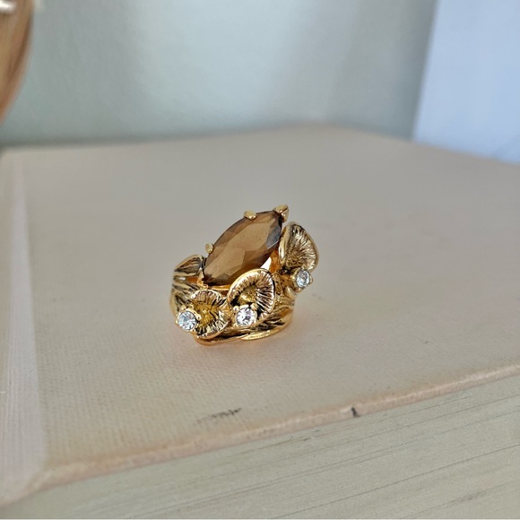 Calla Lilies Smokey Quartz Marquise Ring “Titania” Gold Earthy Floral Bohemian - Picture 5 of 13